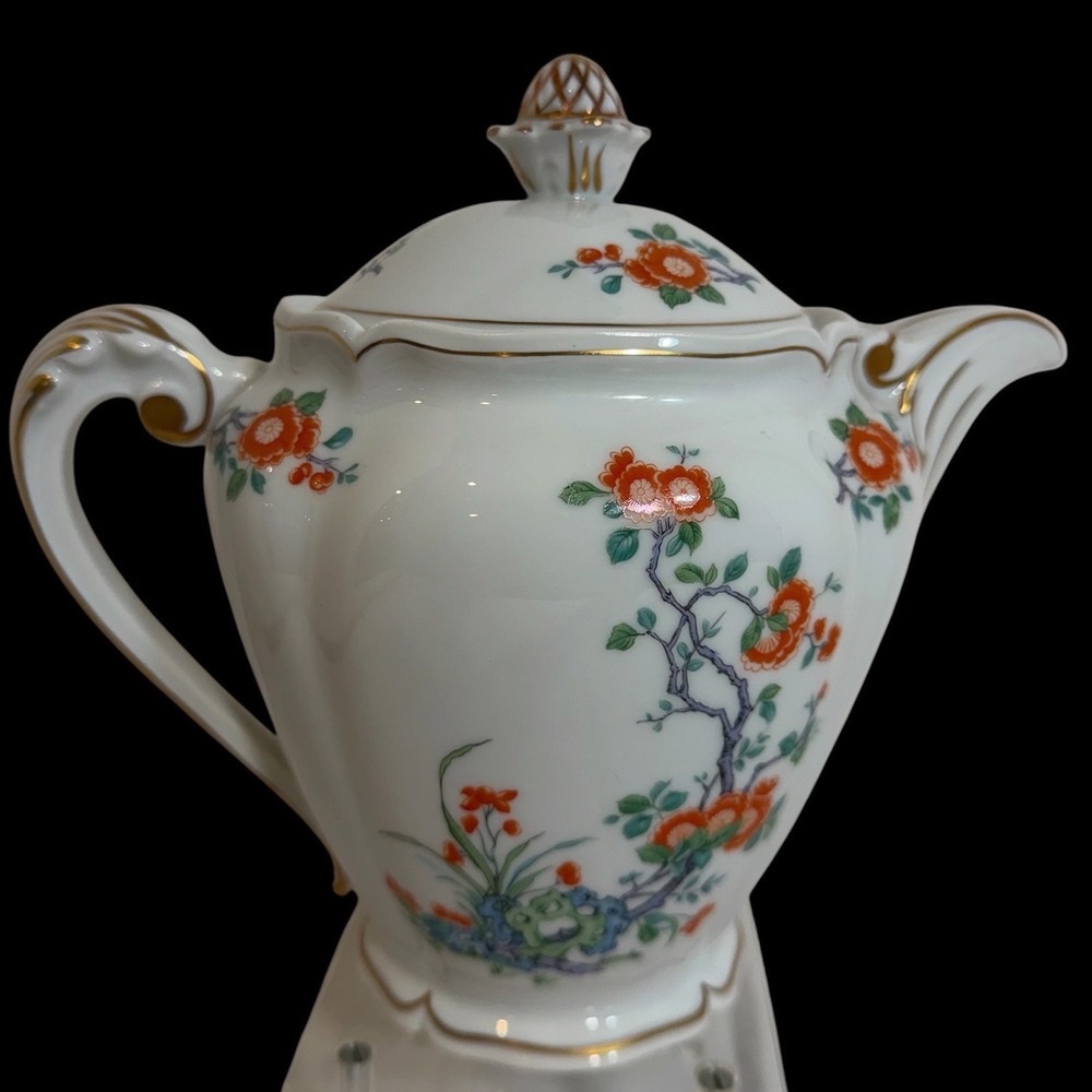 Royale Limoges France Orange-Tree Porcelain Teapot Towle Floral Gold Trim 8in